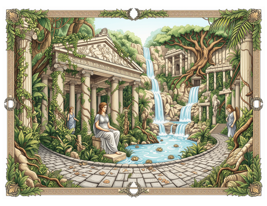 Mythical Greek Temple & Cascading Waterfall