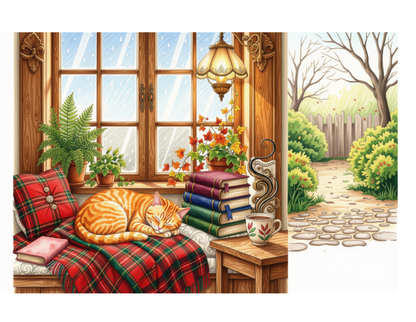 Cozy Rainy Day with Sleeping Cat