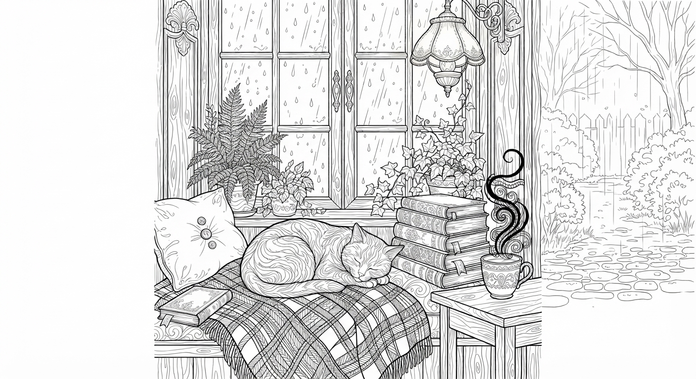 Cozy Rainy Day with Sleeping Cat