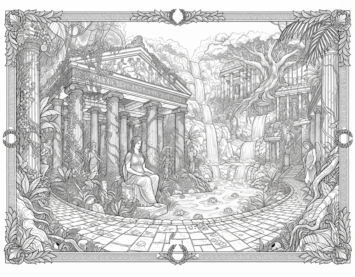Mythical Greek Temple & Cascading Waterfall